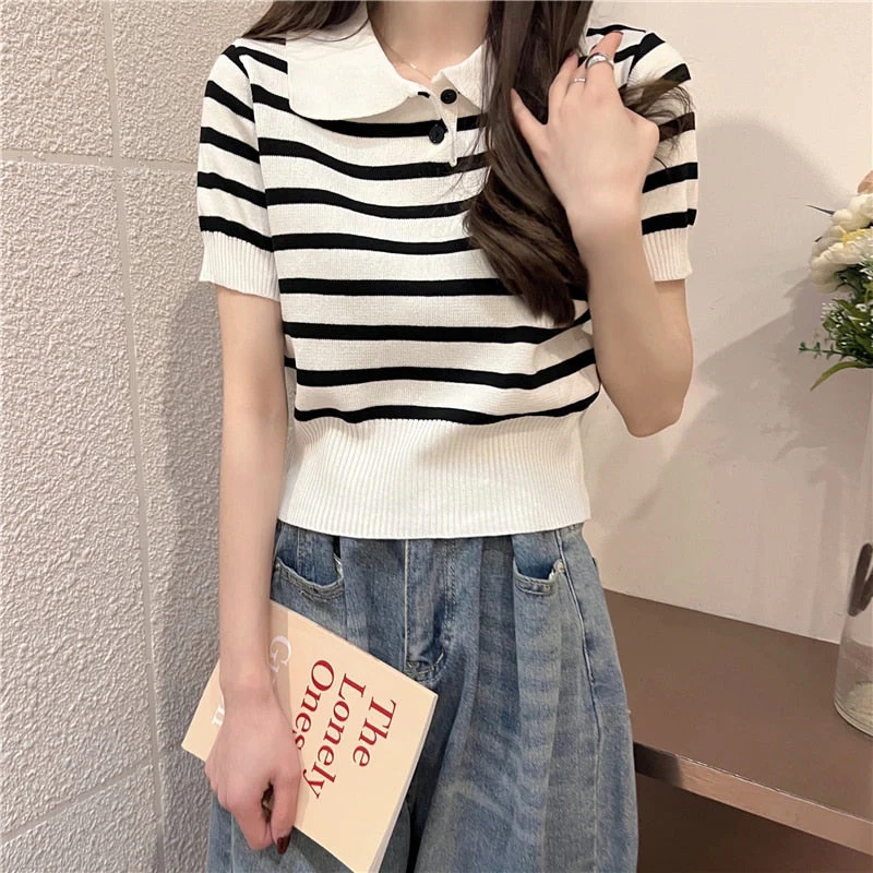 Hulianfu Summer Vintage Striped Polo Collar T Shirts Women's Knitted Short Sleeve Thin Cropped Tshirt Crop Top For Slim Girls - Deanwangkt