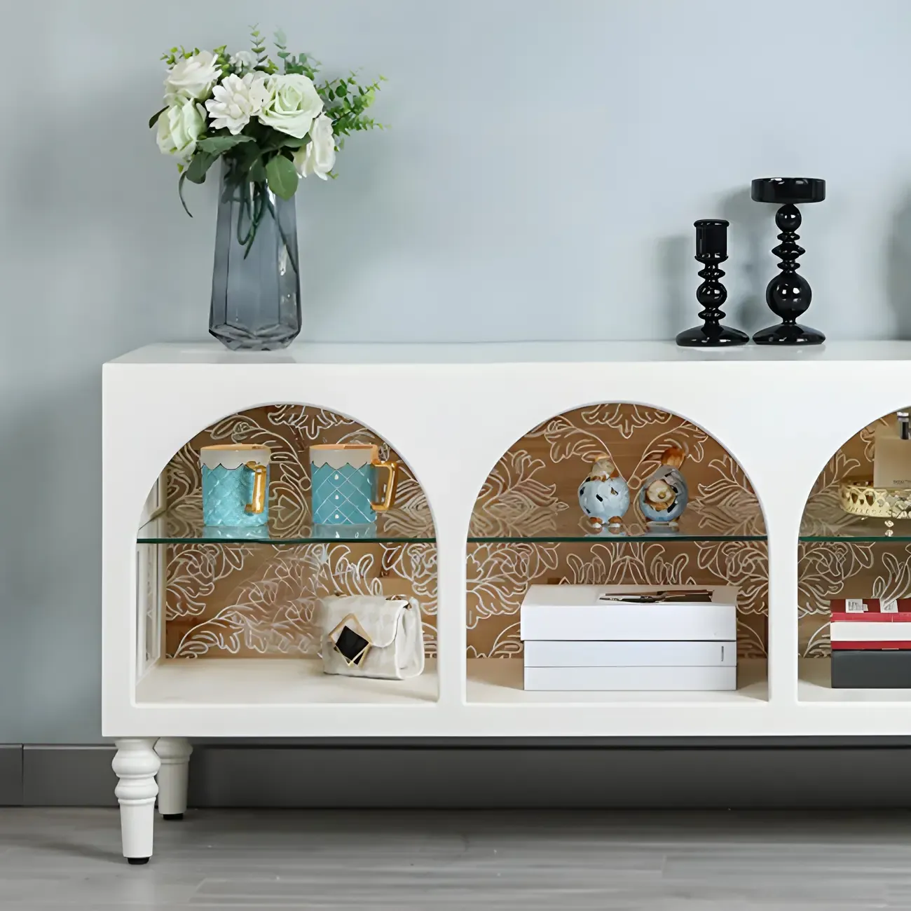 Rectangular White Wood Glass Shelf Display Cabinet