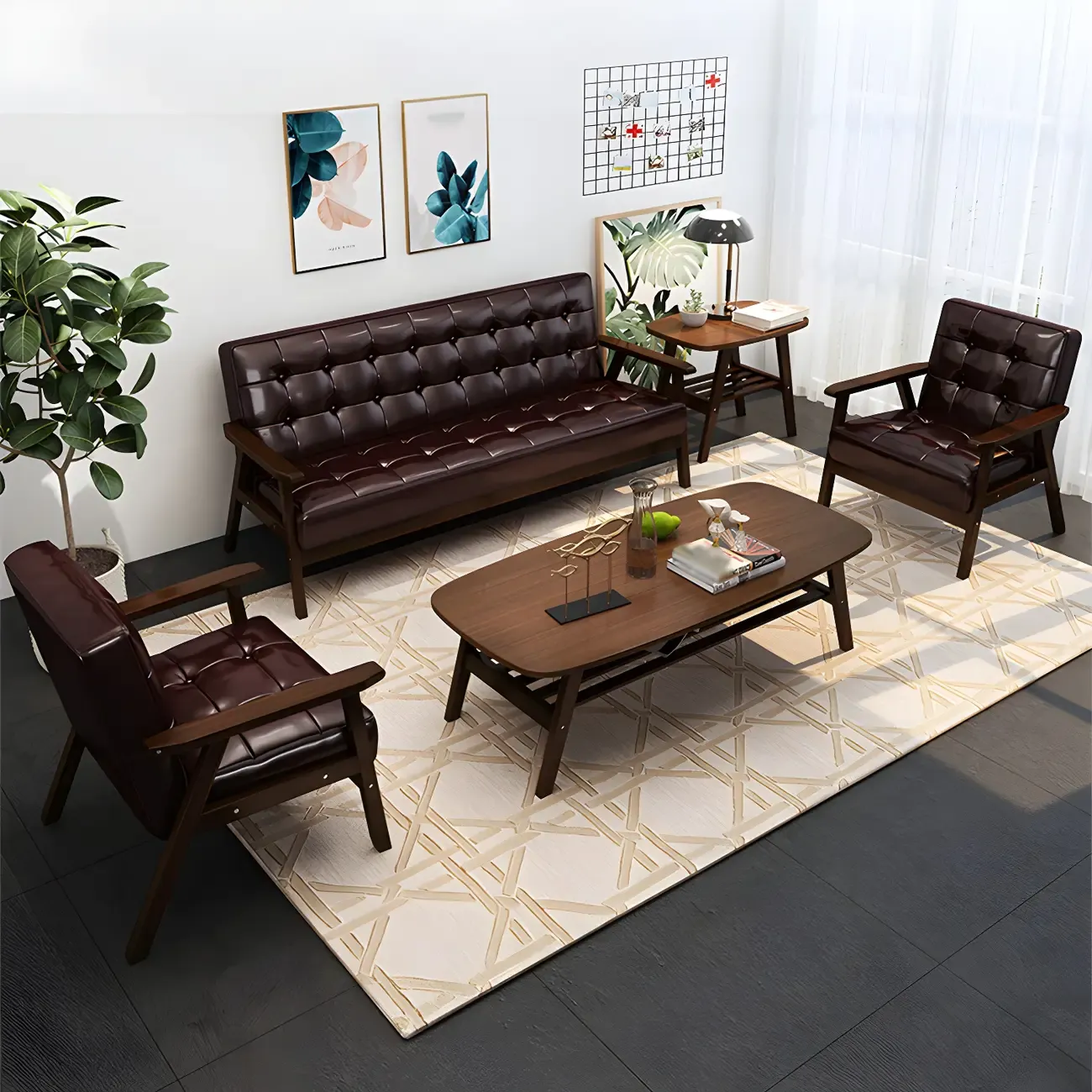 Modern Leather Tufted Accent Chair with Wood Frame