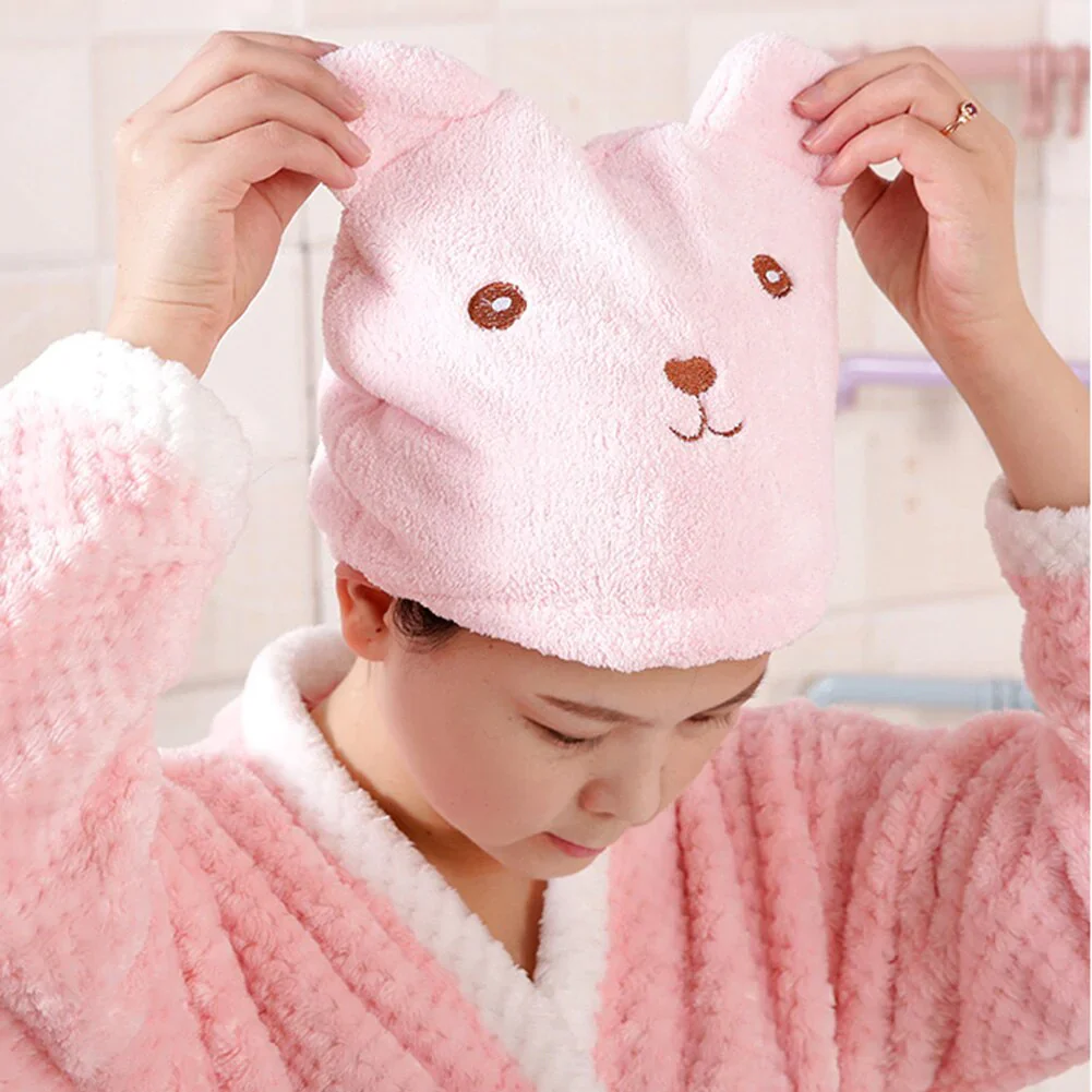 HULIANFU New Dry Hair Cap Towel Strong Absorbing Cute Bear Hat Quick-dry Cartoon Head Wrap Soft Shower Cleaning Supplies Home Hair Drying - Deanwangkt