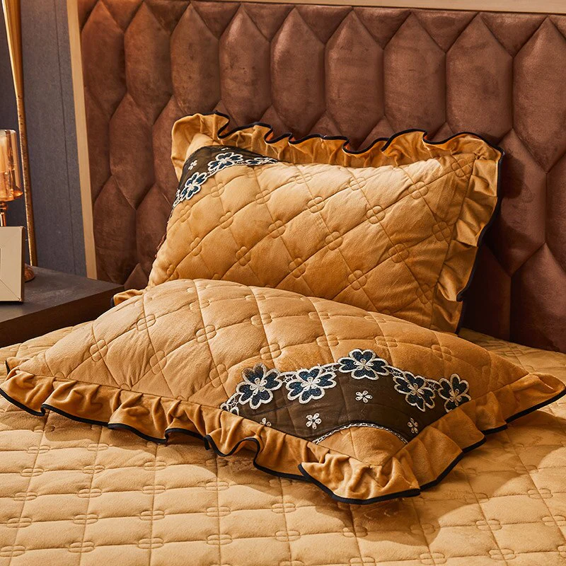 HULIANFU Luxury Super Soft Crystal Velvet Fleece Lace Ruffles Quilted Bed Skirt Mattress Cover Bedspread Pillowcase Bedding Home Textiles - Deanwangkt