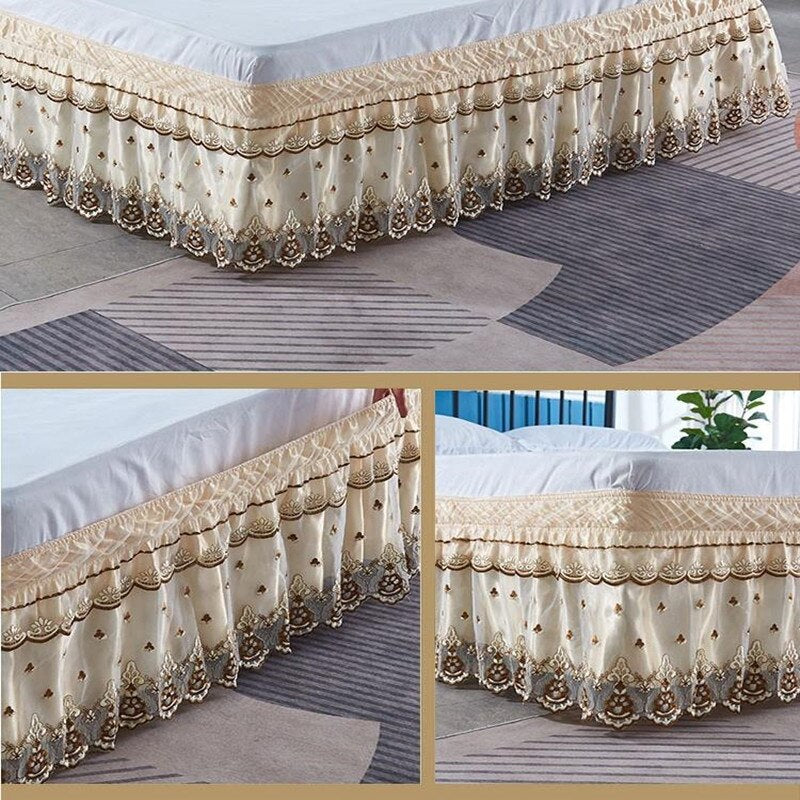 HULIANFU Top Selling Delicate Double Layers Luxury Stereoscopic Embroidered Flowers Lace Ruffle Bed Skirts with Strong Elastic Bed Cover - Deanwangkt