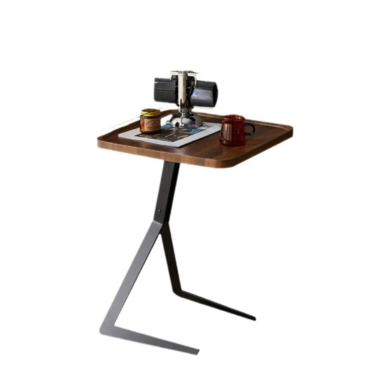 C-Shpaed Brown Wood Round Side Table with Metal Legs