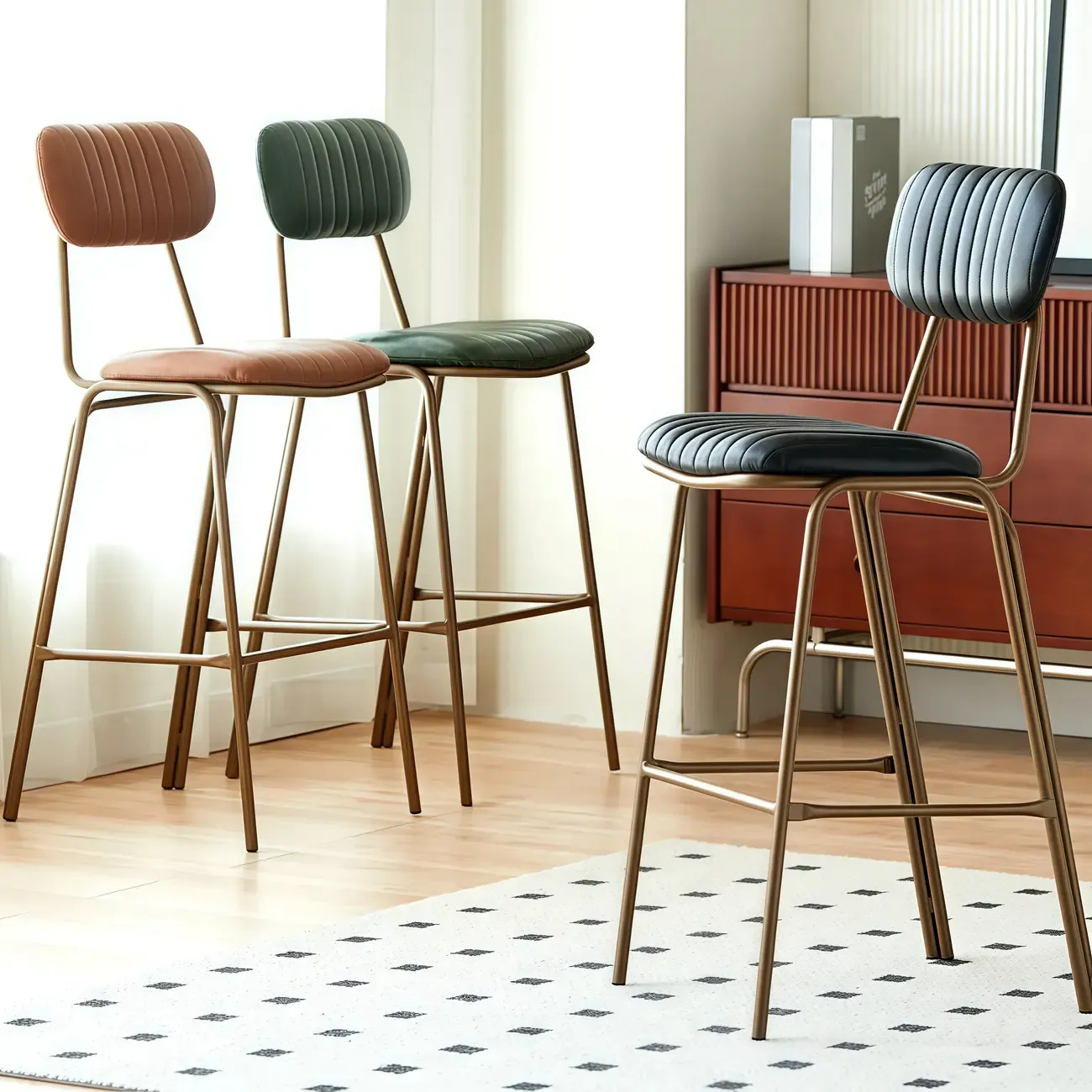 Mid Century Modern Leather Gold Frame Bar Stools with Backs