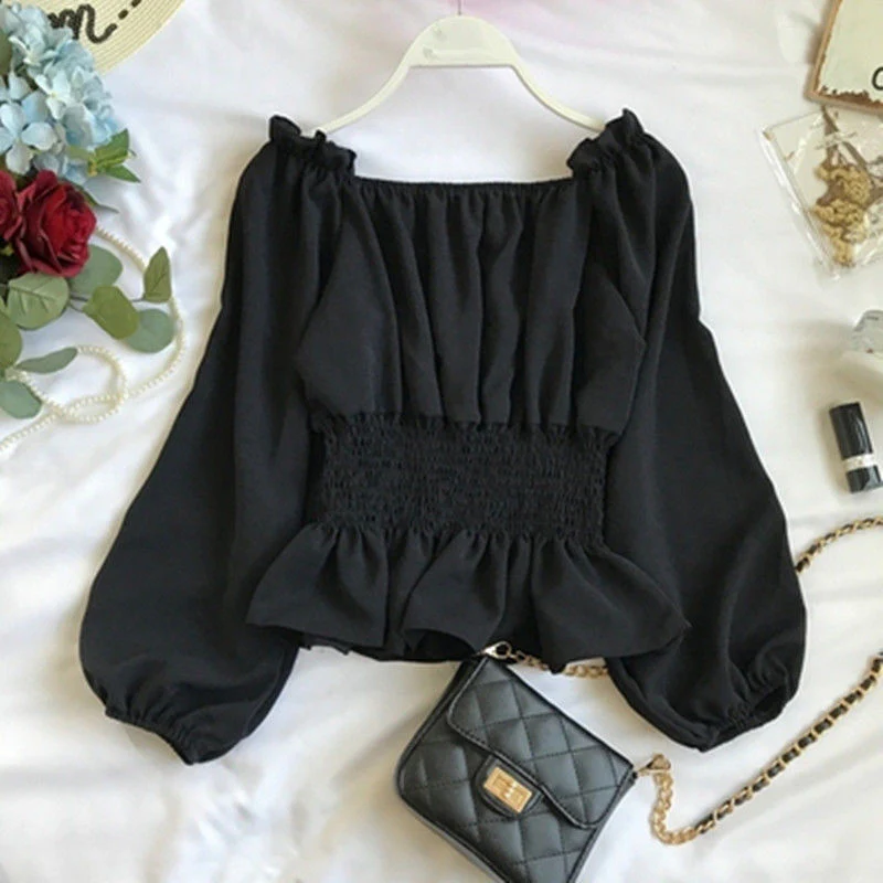 Hulianfu Youth Elegant Blouse Women Chiffon Fashion Blouse Off Shoulder White Shirt Ruffle Puff Sleeve Top Office wear - Deanwangkt
