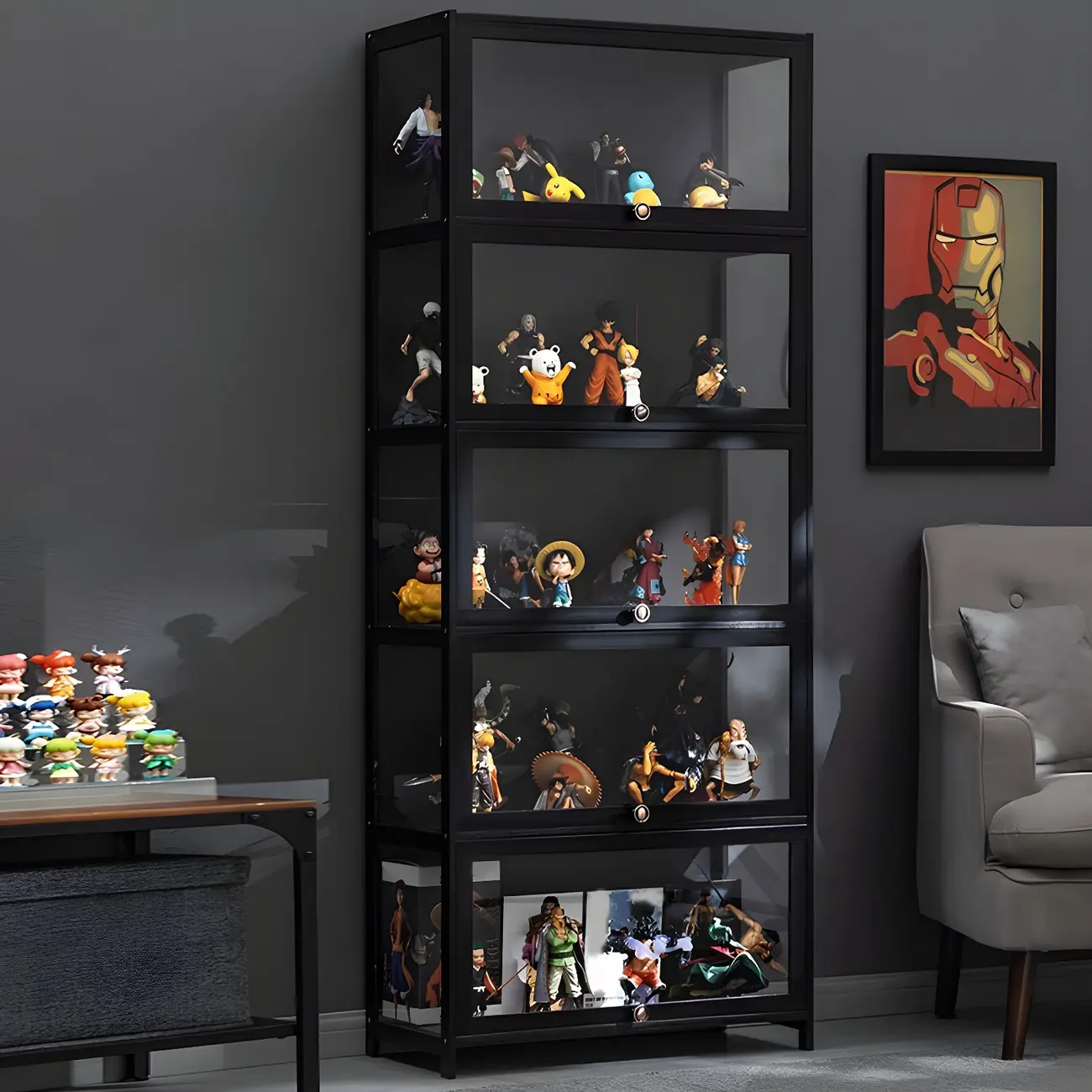 Elegant Black Bamboo Clear Figure Display Cabinet