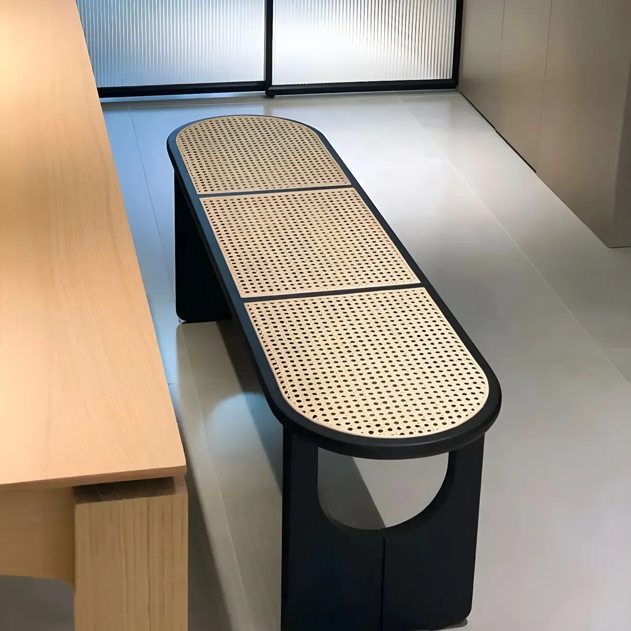 Rectangular Black Rattan Top Rubberwood Bench