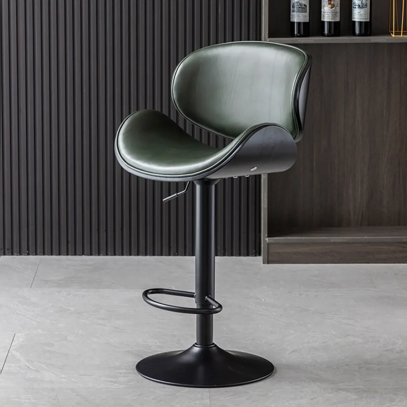 Arched Blackish Green Leather Swivel Adjustable Bar Stool