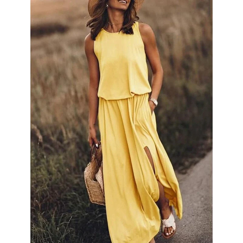 hulianfu Summer Solid Long Dress Women Casual Sleeveless Elastic Waist Side Slit Maxi Dresses Female O-Neck Loose Tank Dress Sundress - Deanwangkt