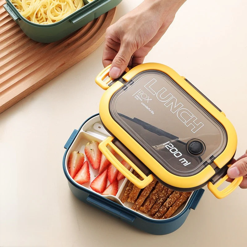 HULIANFU Portable Hermetic Lunch Box 2 Layer Grid Children Student Bento Box with Fork Spoon Leakproof Microwavable Prevent Odor School - Deanwangkt