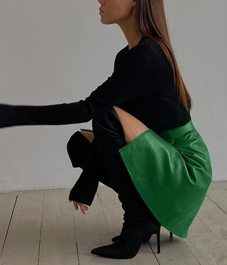 Hulianfu Faux Leather Crocodile Pattern A-Line Skirt Women Fashion Elegant Solid Green High Waist Split Mini Skirts Autumn - Deanwangkt
