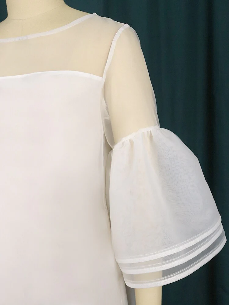 Women White Dresses Sweet O Neck 3 Layers Bell Sleeve Shift Dress See Through Tulle Cover Mini Loose Robes Elegant Fashion - Deanwangkt