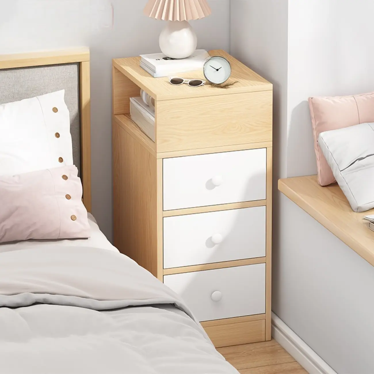 Wood Finish White Narrow Length Multi-Drawers Nightstand