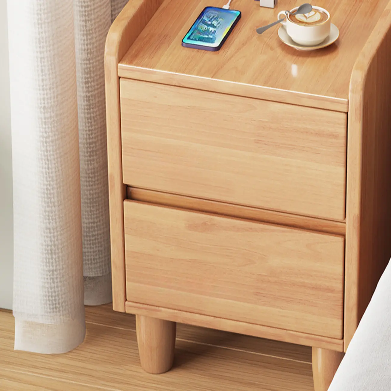 Brown Wood USB-Charging Drawers Nightstand with Lighting