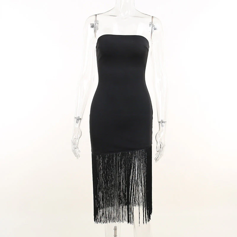 hulianfu Summer Fashion Black Tassel Sexy Tube Top Dress Outfits Women Elegant Evening Party Club Slit Bodycon Mini Dresses  Clothes - Deanwangkt