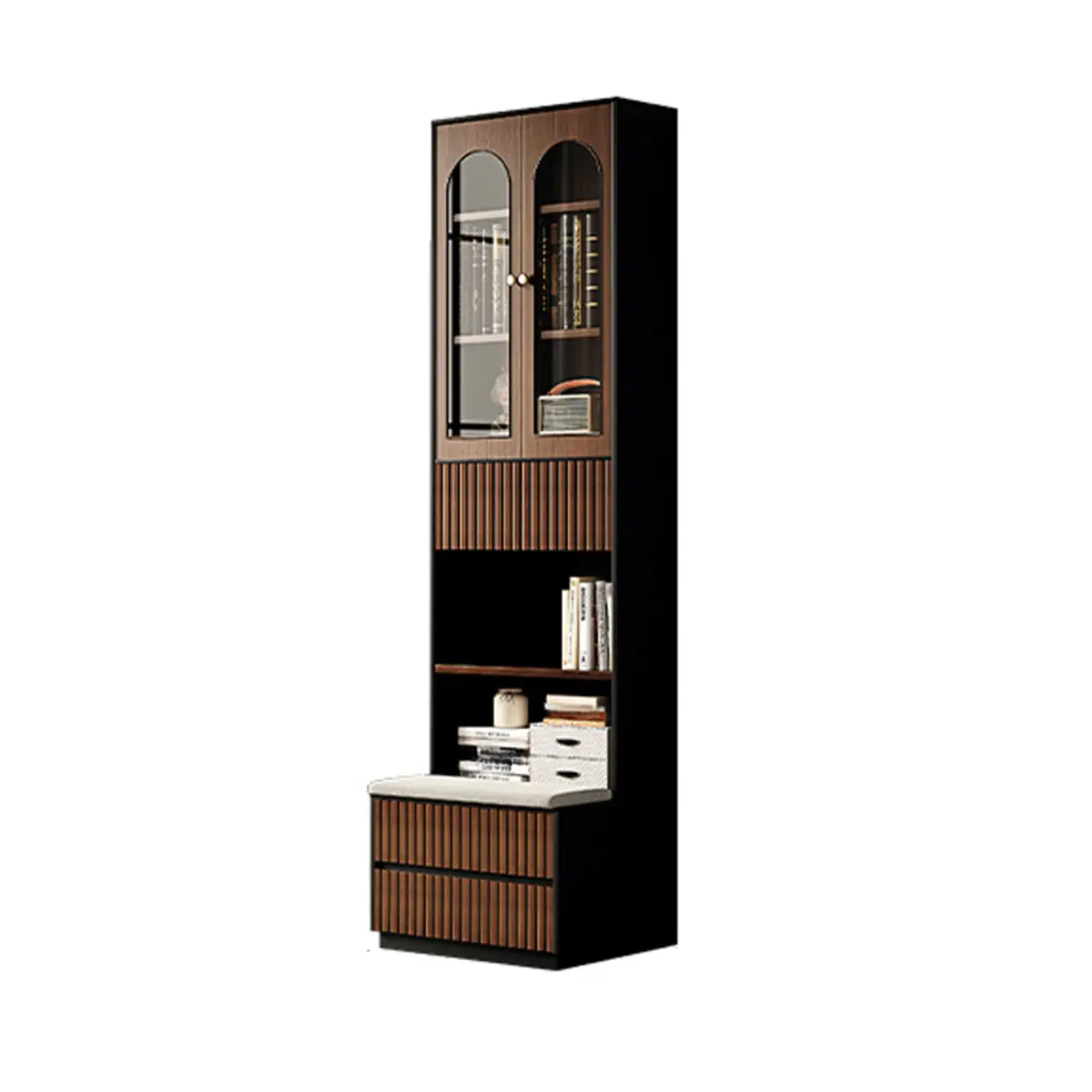 Tall French Country Display Wooden Bookcase with Cushioned Bench