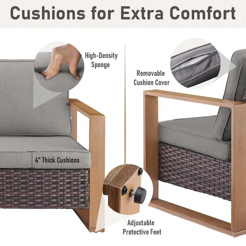 Gymojoy PE Rattan Sofa Deep Seating Sofa with Ottoman - Brown