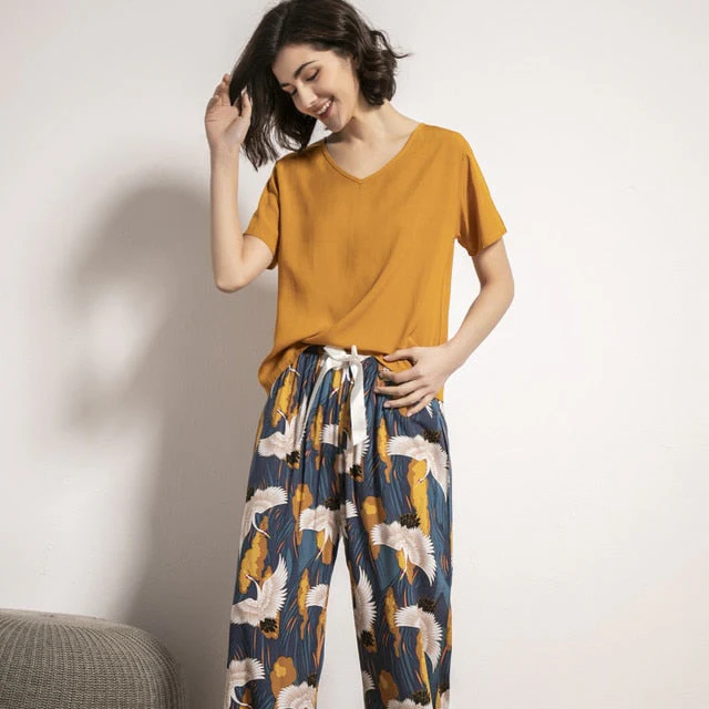 Breathable 2PCS Pajama Short Sleeve Printed Pijama Mujer Femme Loose Nightwear Suit Female Casual Homewear Pajama Set For Women - Deanwangkt