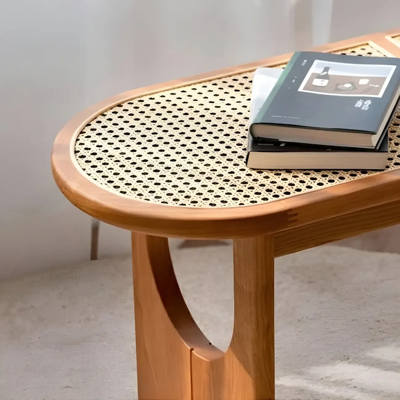 Rectangular Black Rattan Top Rubberwood Bench