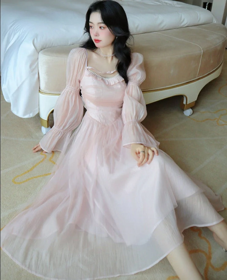 Hulianfu Elegant Evening Party Midi Dress Women Bubble Sleeve French Vintage Sweet Dress Female Pink Korean Style Fairy Dress Autumn - Deanwangkt