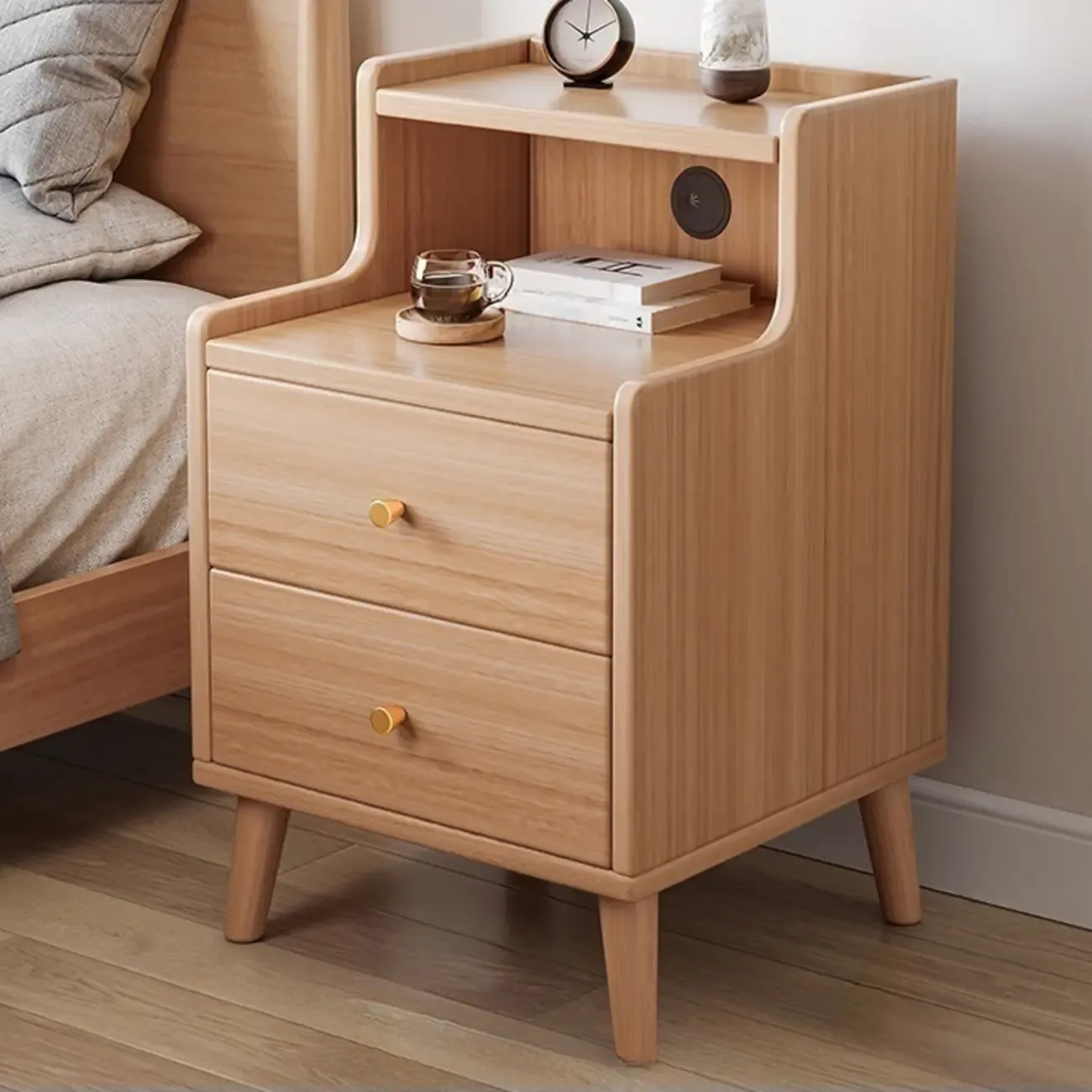 Natural Wood Scandinavian 2-Drawers Narrow Nightstand