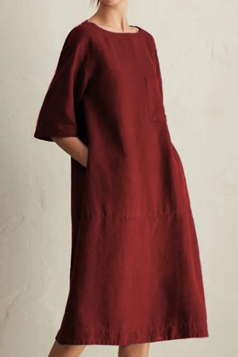 hulianfu - Casual Solid Patchwork Pocket O Neck A Line Dresses(6 Colors) - Deanwangkt