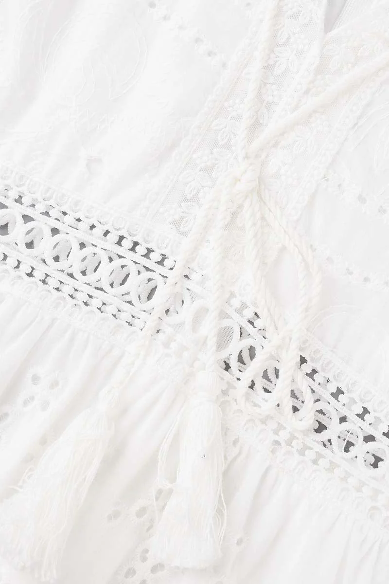 hulianfu - Sweet Elegant Solid Tassel Embroidered Hollowed Out V Neck A Line Dresses - Deanwangkt