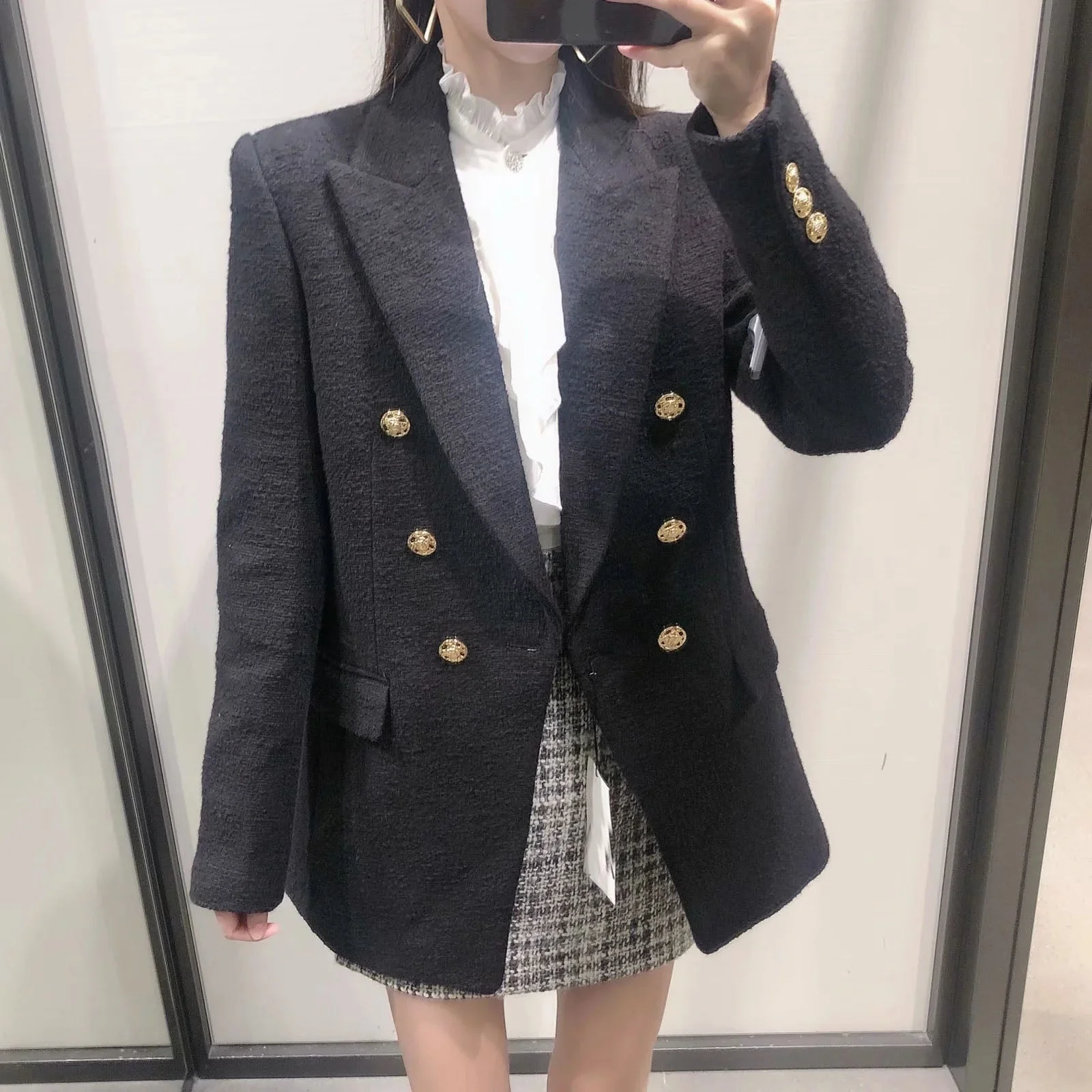 Hulianfu Blazer Women Traf Fashion Metal Double Breasted Woollen Blazers Coat Vintage Long Sleeve Female Outerwear Chic Tops - Deanwangkt