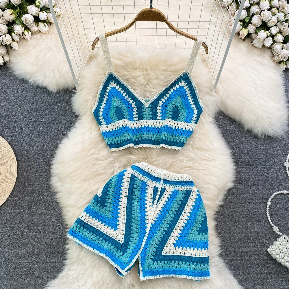 Knitted Crochet Two Piece Set Women Sexy V-Neck Cropped Tank Top and High Waist Shorts Matching Summer  Beach Outfits - Deanwangkt