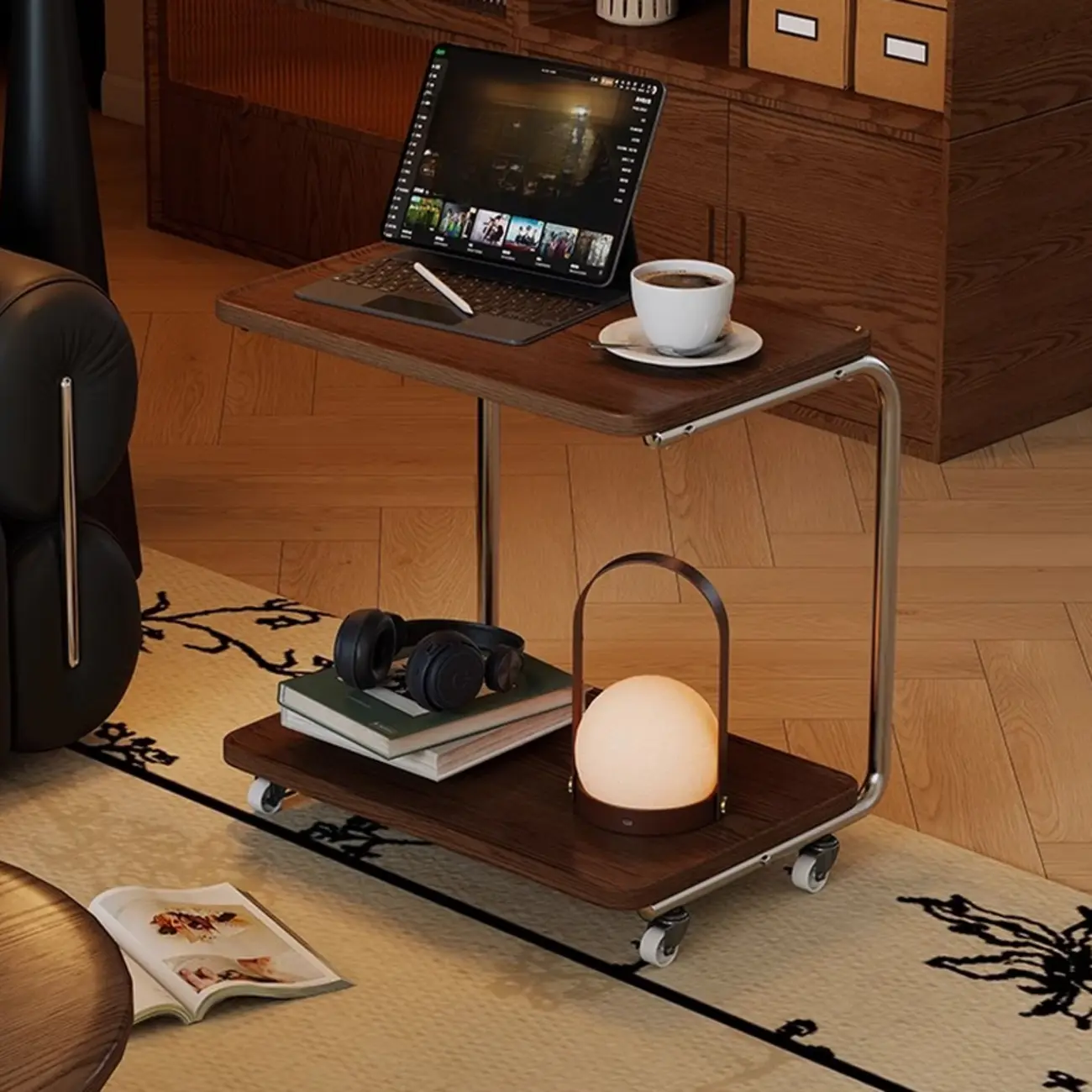 2-tier Rectangular C-shaped Wood Side Table with Wheels