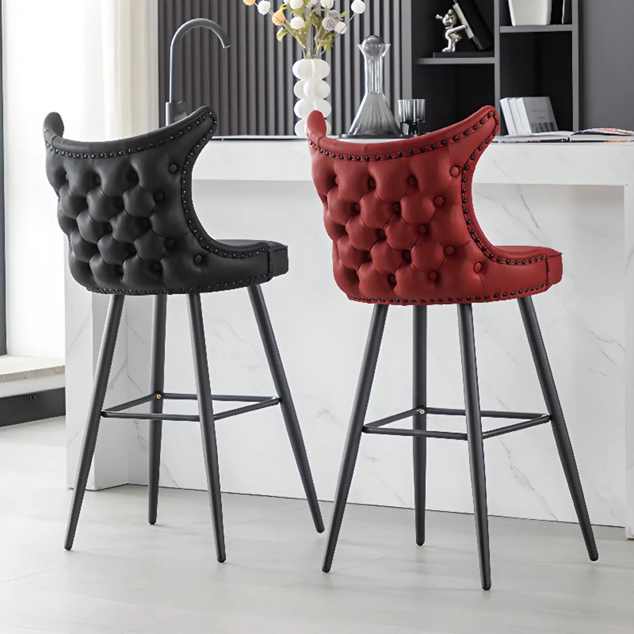 Tufted Four Legs Leather Wingback Counter Bar Stools