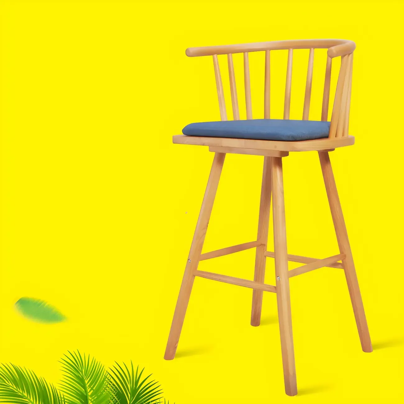 Traditional Wooden Low Back Bar Stool with Cushioned Seat