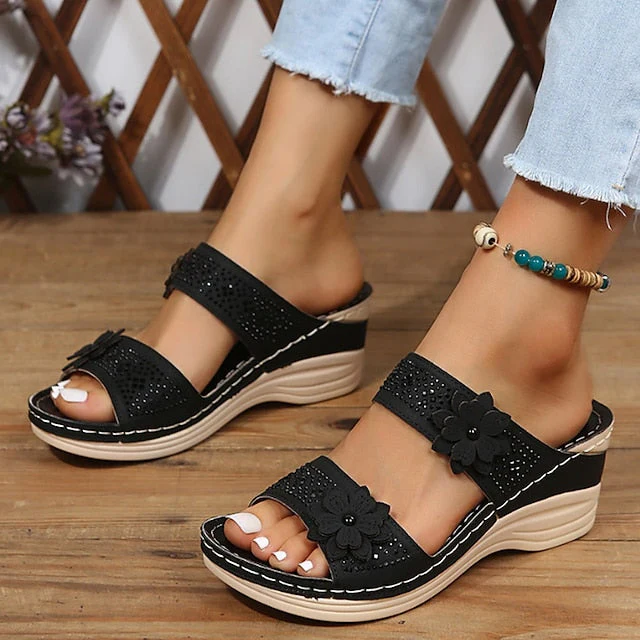 Women's Sandals Boho Bohemia Beach Wedge Sandals Comfort Shoes Outdoor Daily Beach Summer Flower Wedge Heel Round Toe Open Toe Casual Minimalism Walking Shoes PU Leather Faux Leather Loafer Solid - Deanwangkt