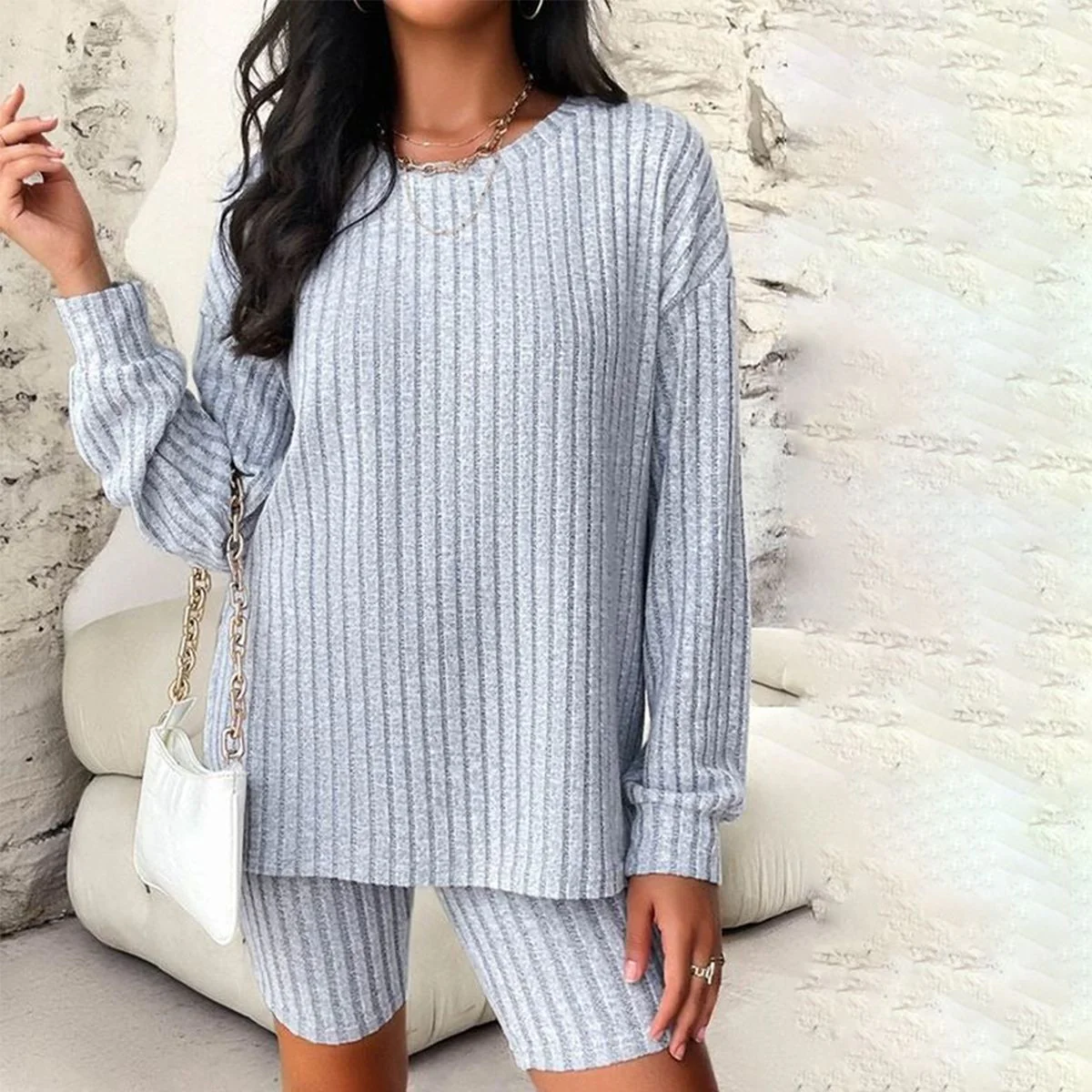 Blue Striped Print Round Neck Two Piece Set