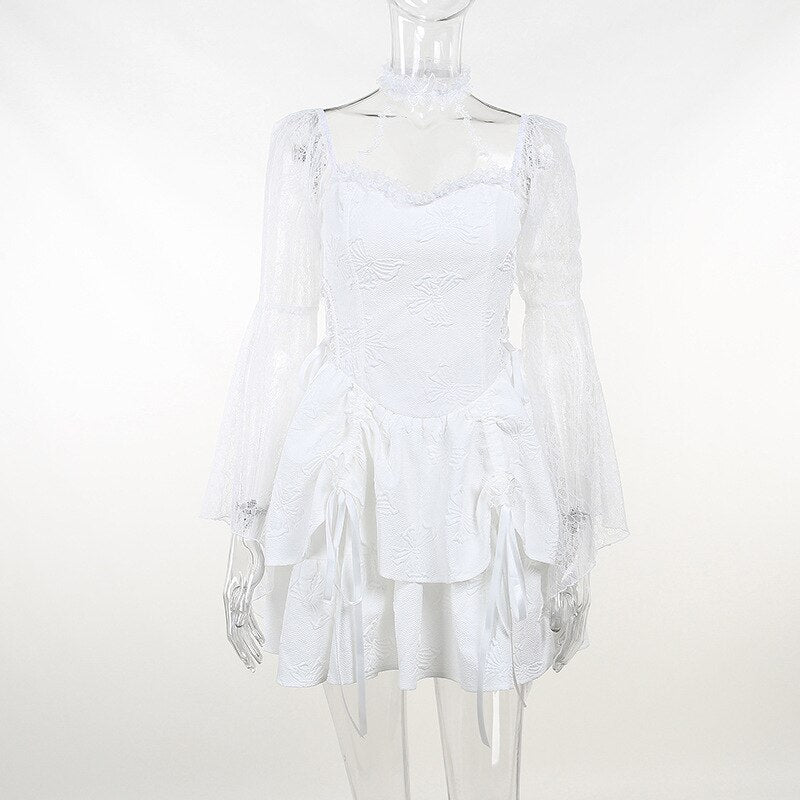 Halter Halloween Cosplay Costumes Gothic Lolita Party Dress White Black Flare Sleeve Fairy Princess Ruffle Cake Kawaii Dresses - Deanwangkt
