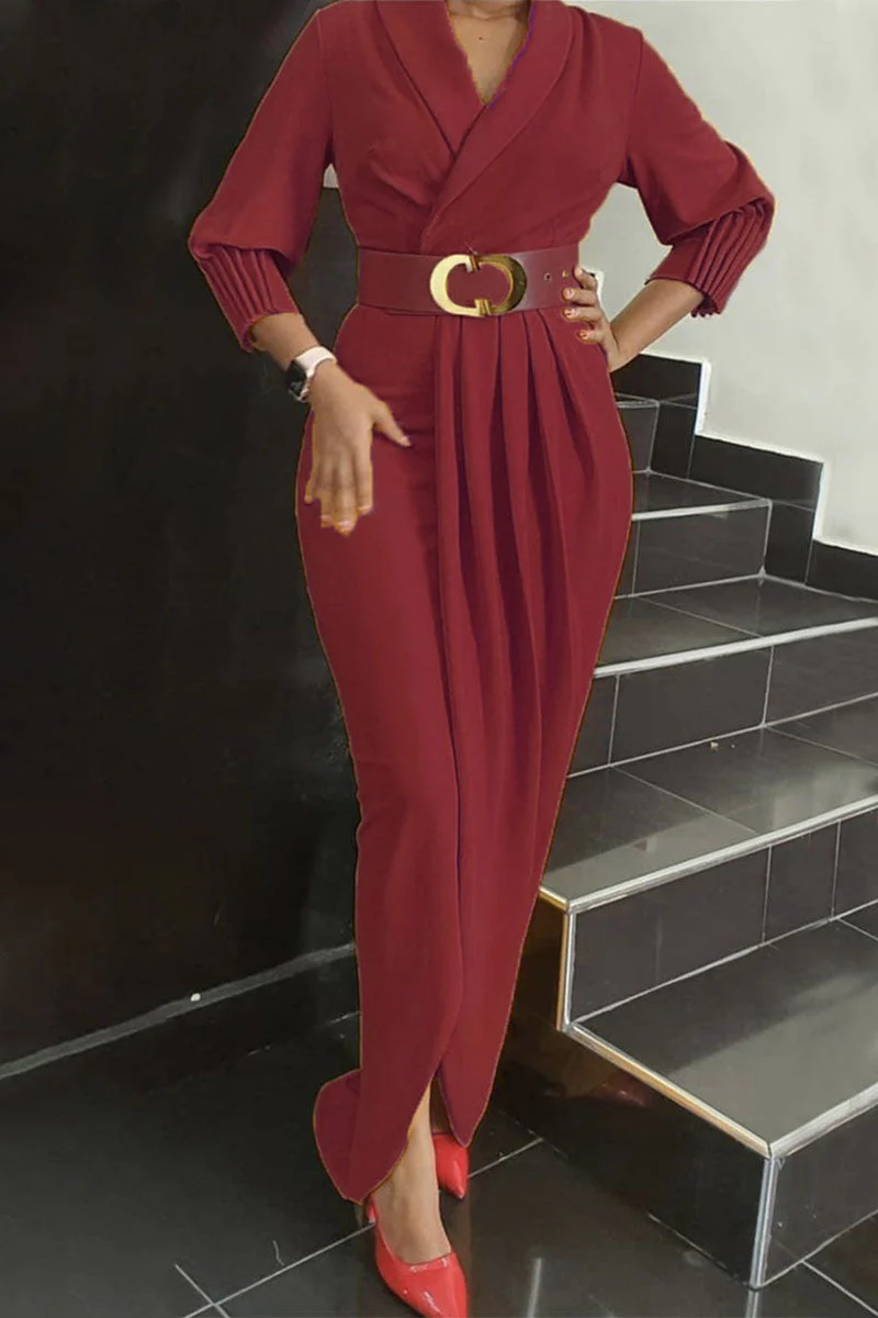 hulianfu Elegant Solid Patchwork Fold With Belt V Neck Long Sleeve Plus Size Dresses - Deanwangkt