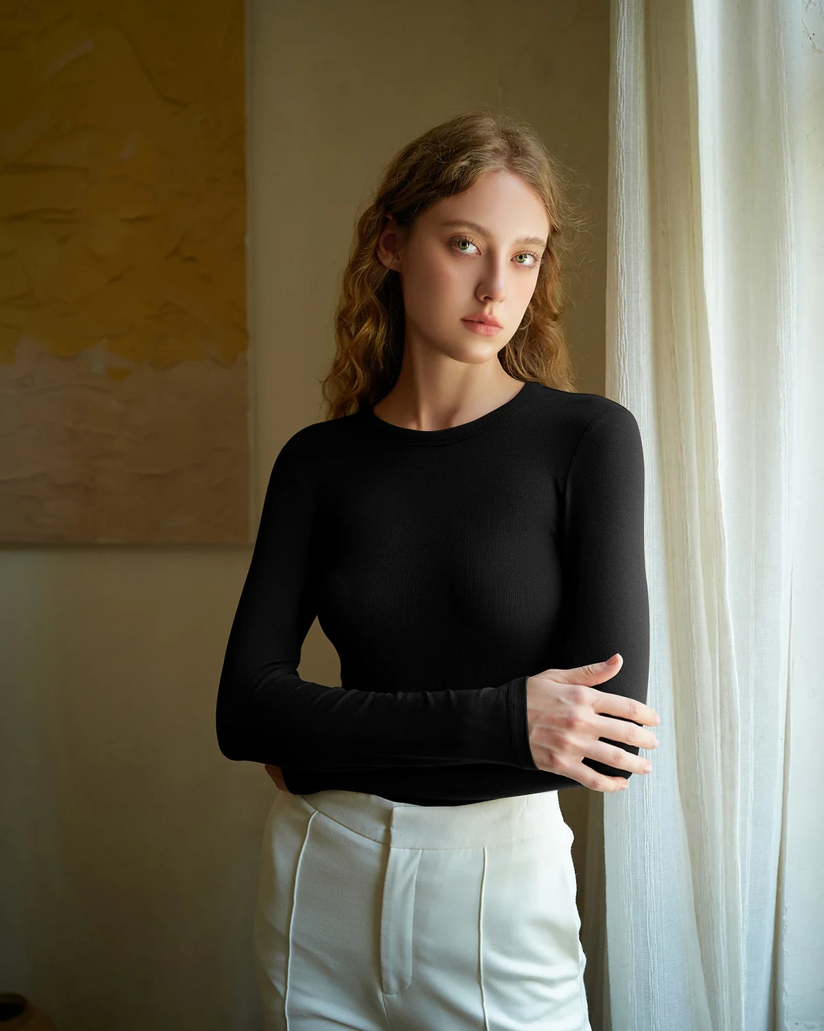 Fall/Winter Fashionable Versatile Modal Merino Wool Blend Crewneck Base Layer Top for Women, Lightweight Warm Long-Sleeve Shirt