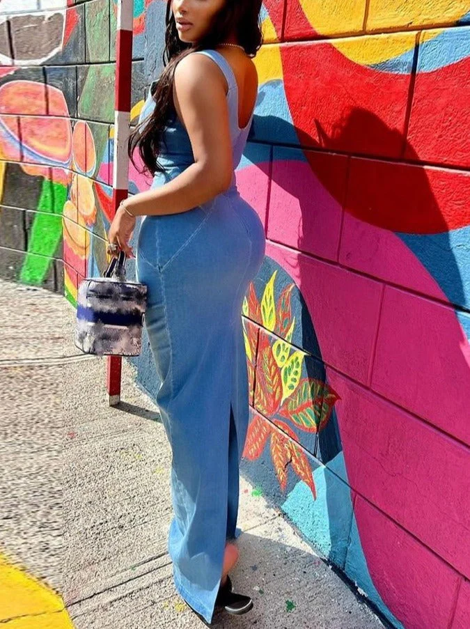 Blue Denim Maxi Dresses Women Spaghetti Strap Low Cut Backless Zipper Split Bodycon Dress Summer  Harajuku Streetwear - Deanwangkt
