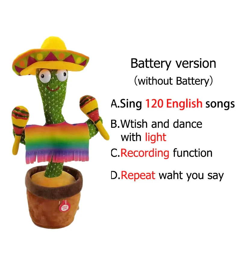 HULIANFU New Electronic Dancing Cactus Singing Dancing Decoration Gift for Kids Funny Early Education Toys Knitted Fabric Plush Toys - Deanwangkt