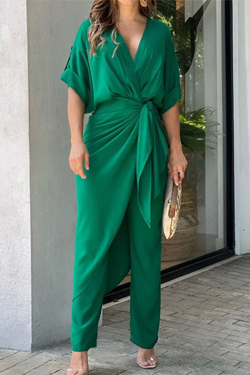 hulianfu Casual Solid Frenulum V Neck Regular Jumpsuits(3 Colors) - Deanwangkt