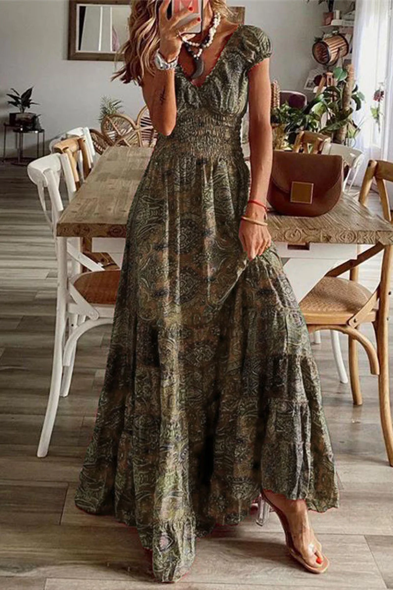 hulianfu - Bohemian College Print Fold V Neck A Line Dresses(6 Colors) - Deanwangkt
