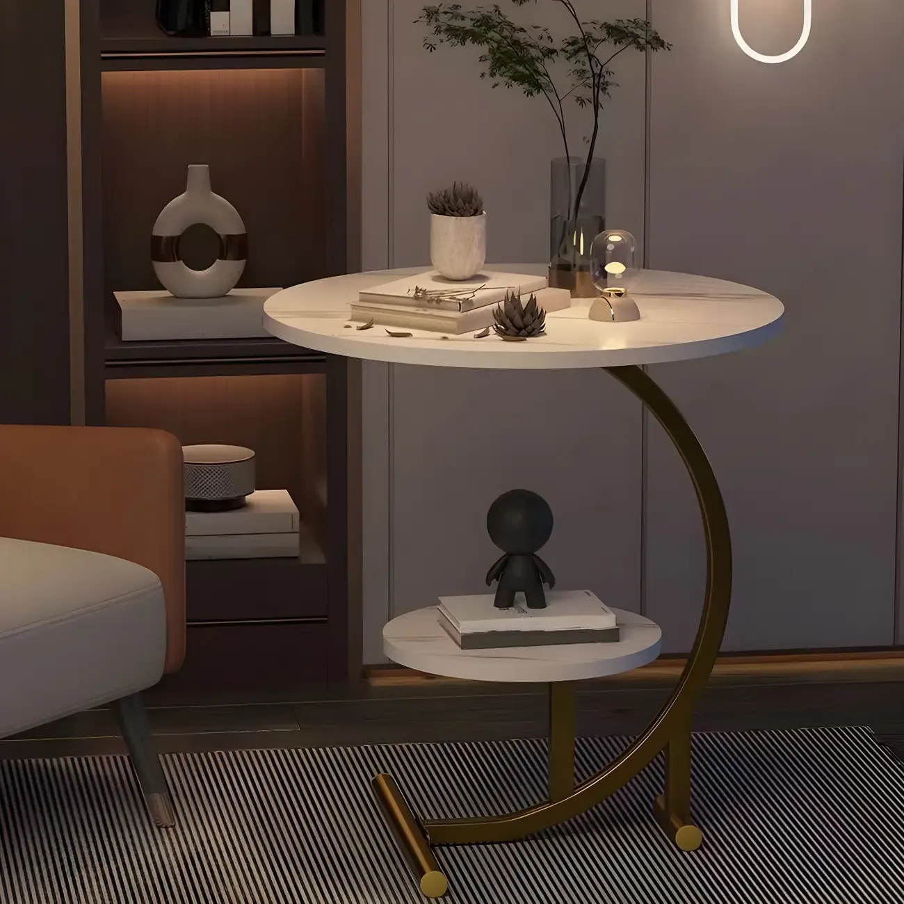 Modern Metal Frame Elegant Round Double Layer Nightstands