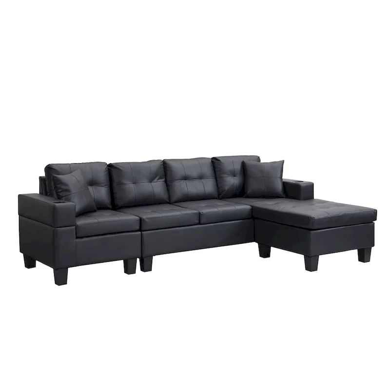Black 96.06 Modern L-Shaped 4 Seater Sectional Sofa with Chaise Lounge, Cup Holders, and Throw Pillows