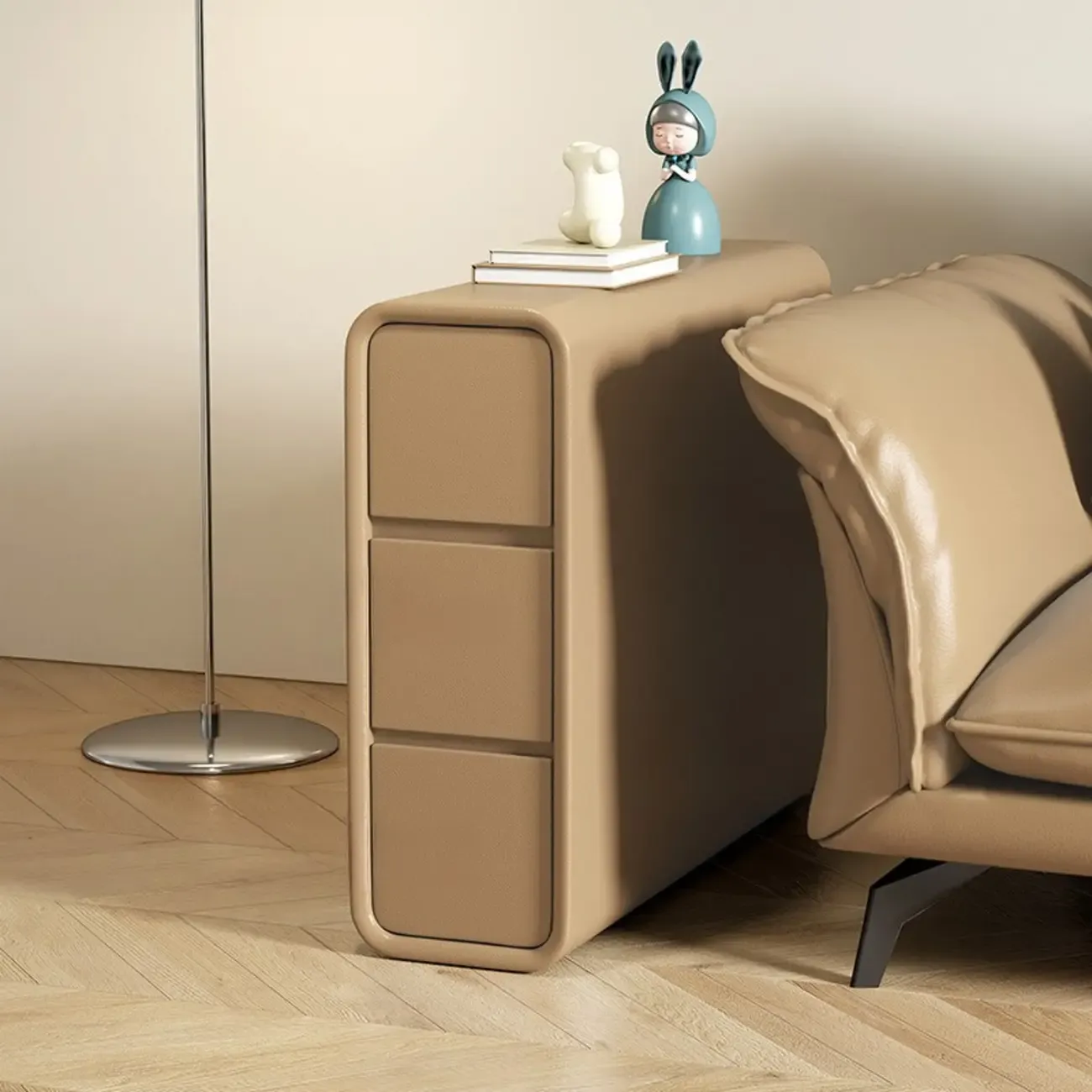 Sleek Rectangular Leather White 3 Drawers Narrow Side Table