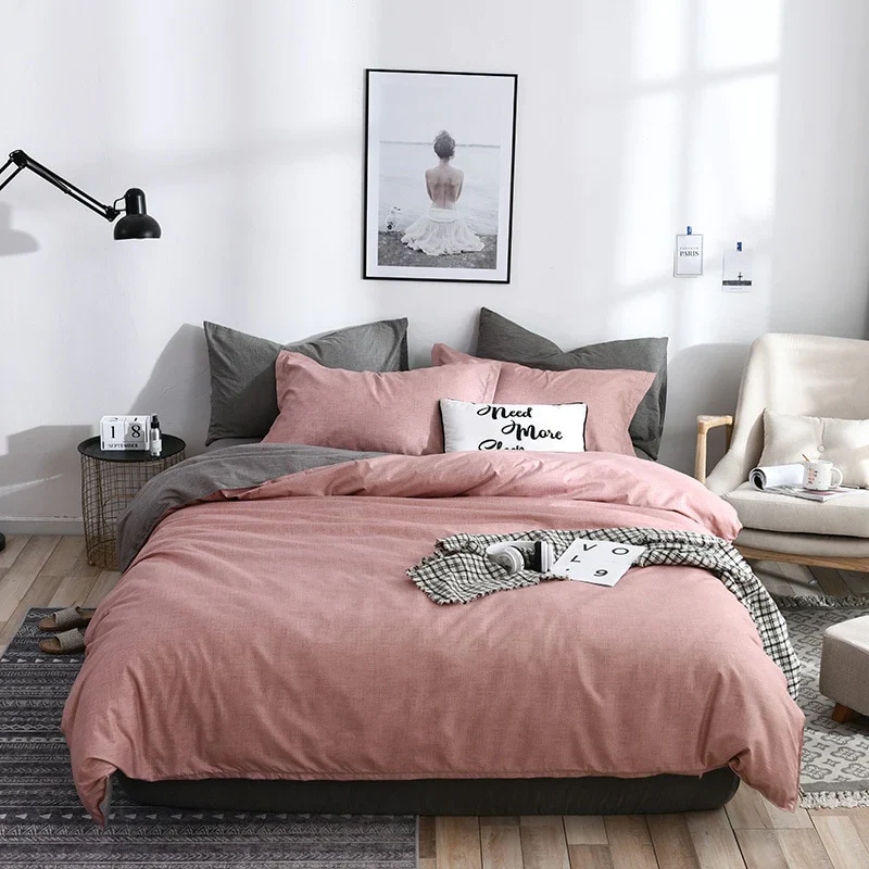 HULIANFU Nordic Style Pink Heart Bedding Set Cover Cute Bed Linens Duvet Cover Sheets and Pillowcases Queen King Size Home Textile Sets - Deanwangkt