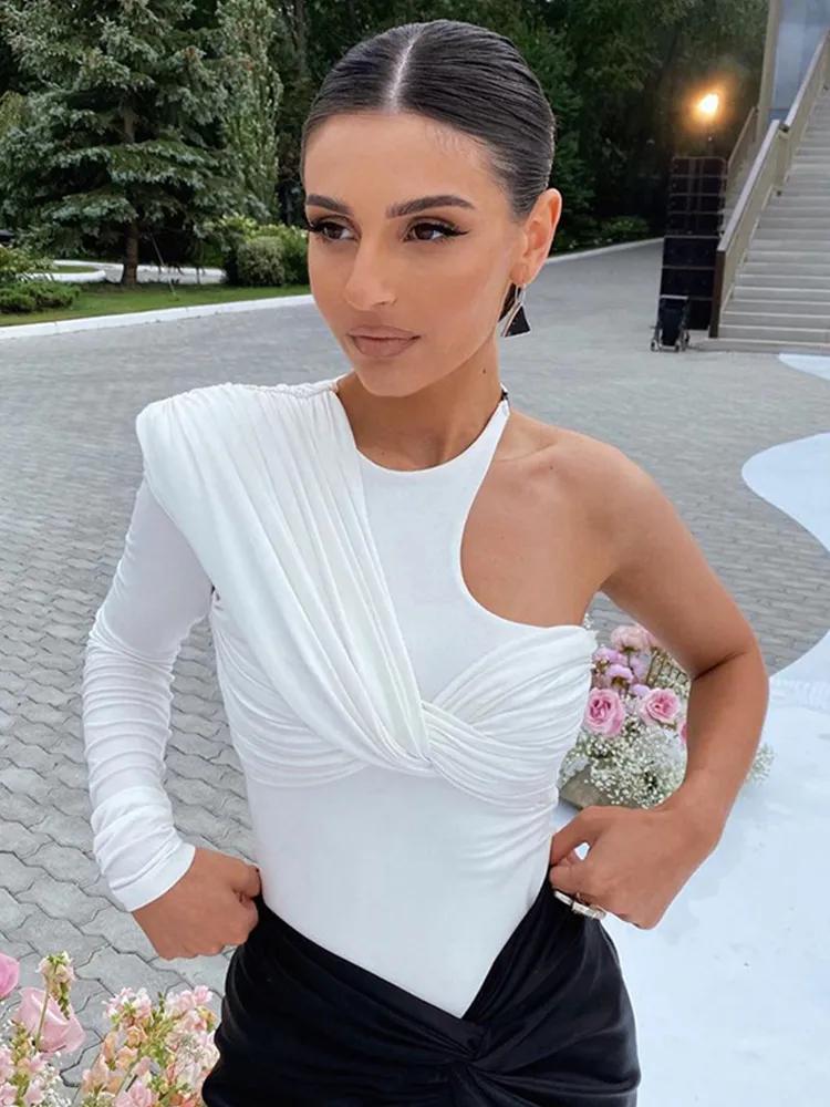 One Shoulder Sexy Backless Twist Bodysuits Women Long Sleeve Top Slim High Waist Bodysuit Club Party Streetwear - Deanwangkt