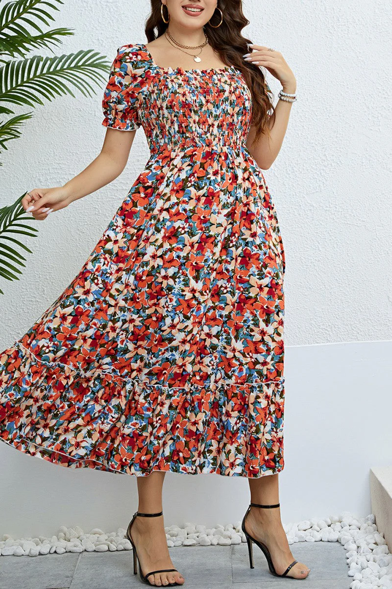 hulianfu Casual Print Patchwork Square Collar Short Sleeve Dress Plus Size Dresses - Deanwangkt