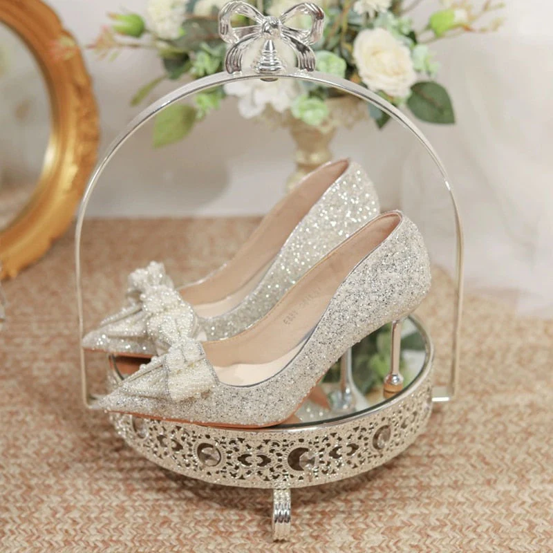 Luxury Pearl Bowtie Wedding Shoes Women  Autumn Shiny Crystal High Heels Pumps Woman Slip On Pointed Toe Bling Party Shoes - Deanwangkt