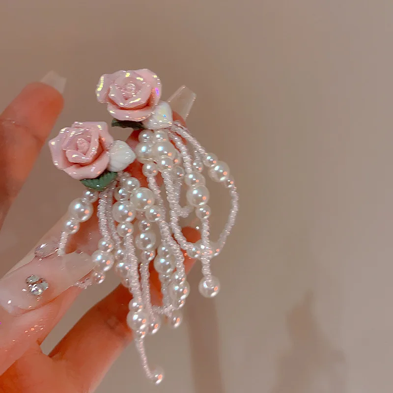 hulianfu Korean Fashion Pink Resin Flower Pearl Tassel Dangle Earrings For Women Luxury Super Fairy Fresh Earring Jewelry - Deanwangkt