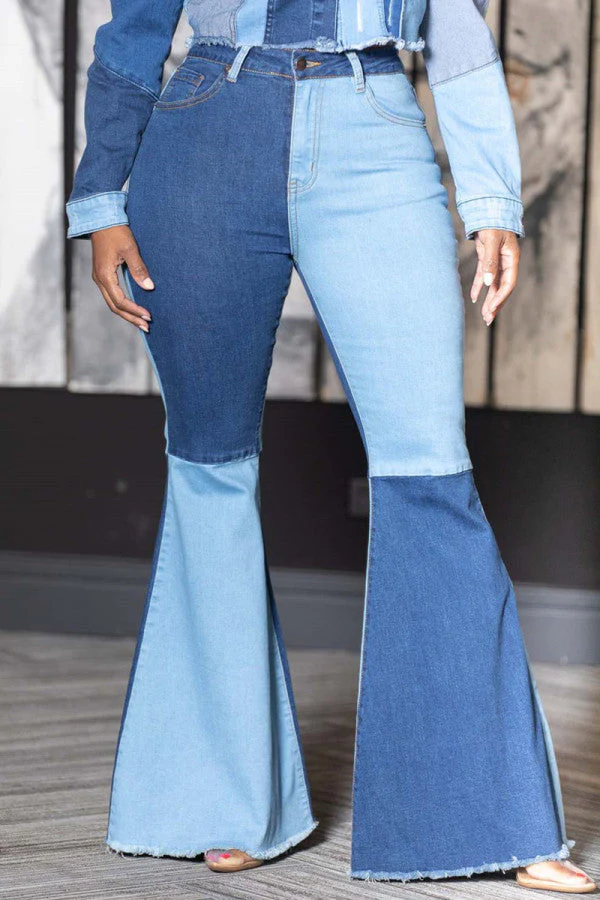 hulianfu - Blue Fashion Casual Patchwork Contrast High Waist Boot Cut Denim Jeans - Deanwangkt